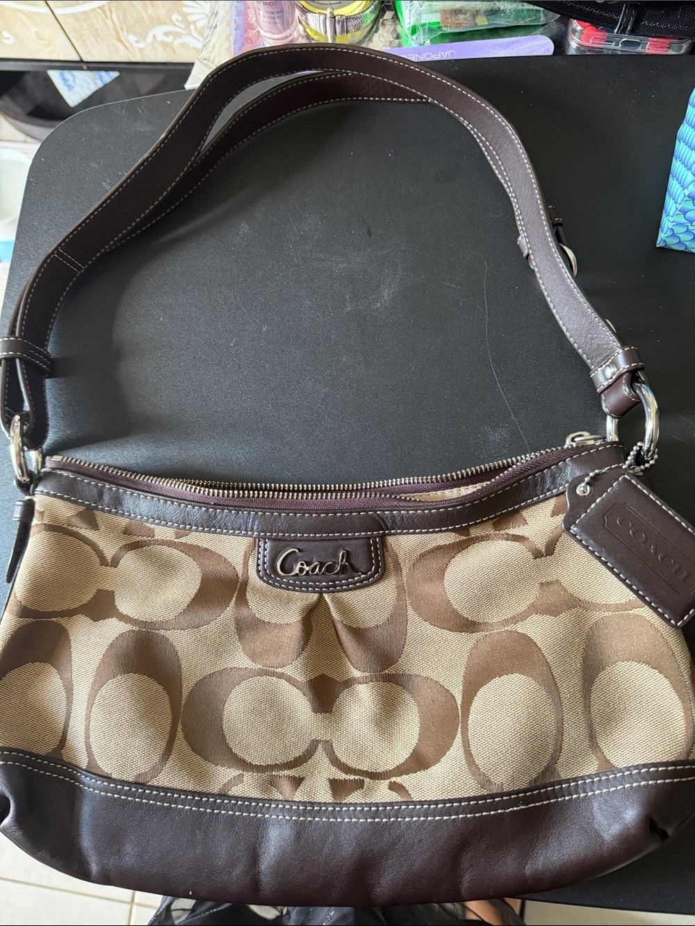 Coach Brown Signature Canvas Shoulder Bag with Dark Brown Leather trim